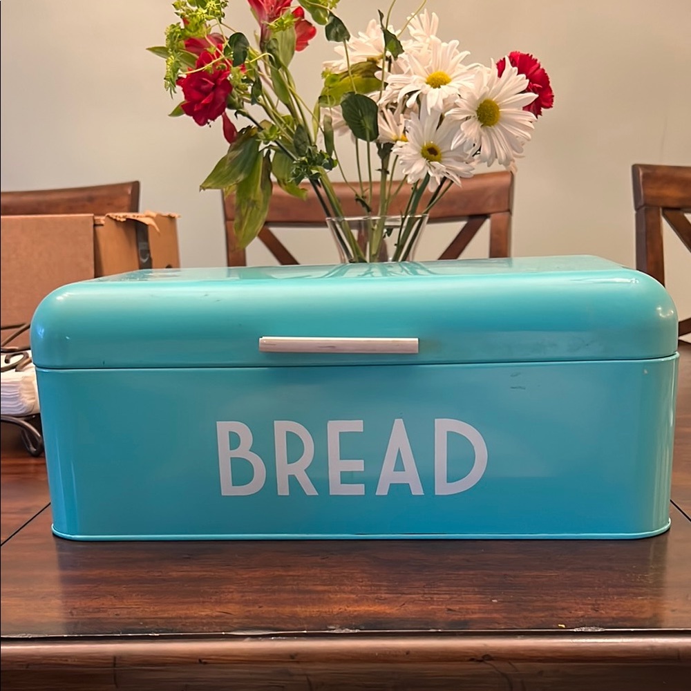 Turquoise Bread Box metal with white lettering
